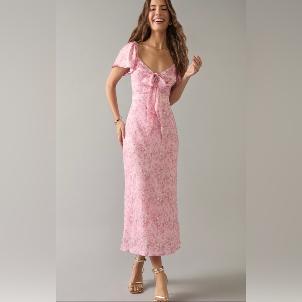 Maria Bow Tie Front Silky Pink Floral Midi Dress NWT